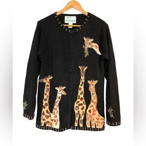Vintage Cardigan Black Giraffe Sweater Beaded button down Giraffe knit patchwork